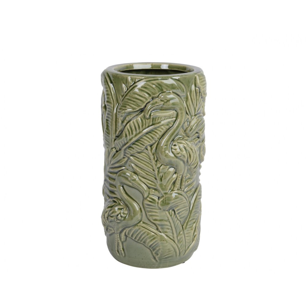DECORATIVE PORCELAIN GREEN VASE WITH FLAMINGO 24.5cm 