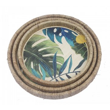 HOMEGURU SET/2 DECORATIVE TRAY FROM SEAGRASS WITH MONSTERA LEAFS 